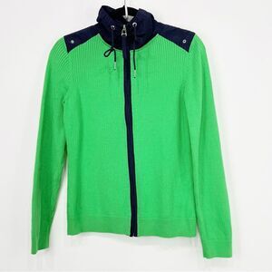 Lauren Ralph Lauren Kelly Green Navy Front Zip Ribbed Knit Cardigan Sweater